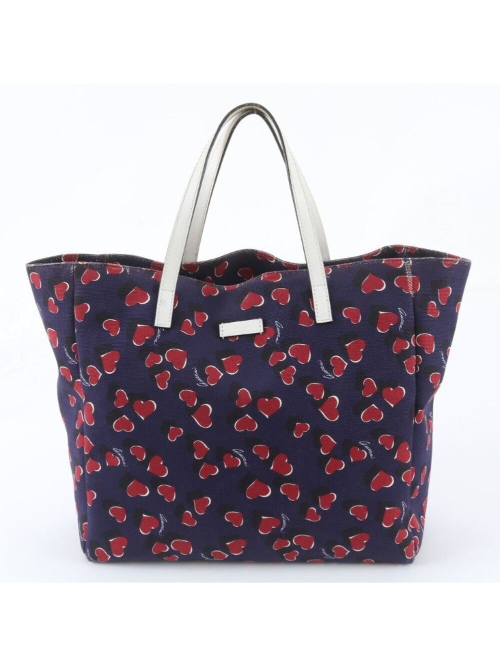 Gucci Heart Beat Leather Canvas Tote Shoulder Hand Navy